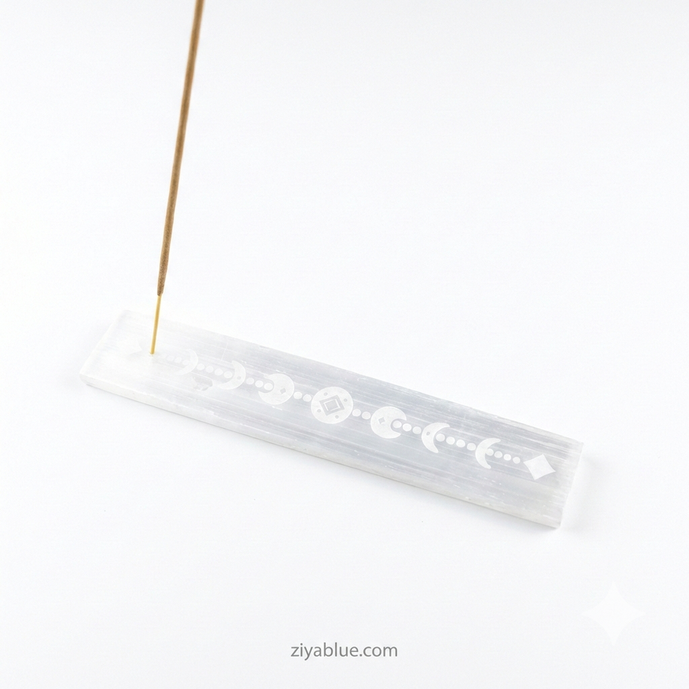 Selenite Incense Ash Catcher (8 in.) - Celtic Moon 🌙✨ - Ziya Blue