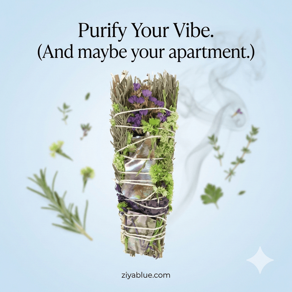 6" Ritual Smudge Stick w Rosemary, Lavender, and Abalone - Ziya Blue