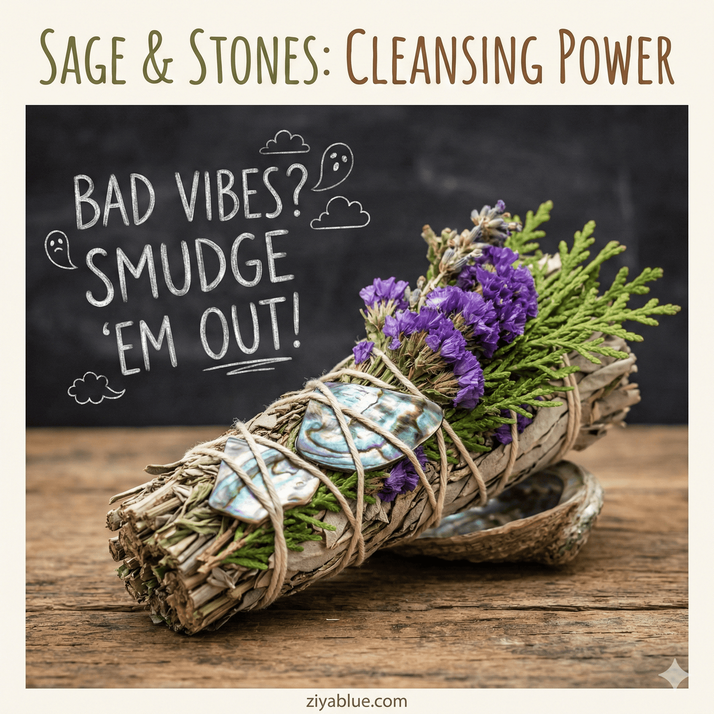 6" Ritual Smudge Stick w Rosemary, Lavender, and Abalone - Ziya Blue