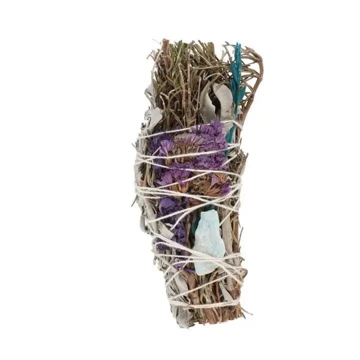 6" Ritual Wand Smudge Stick w Rosemary, Sage, and Aventurine - Ziya Blue