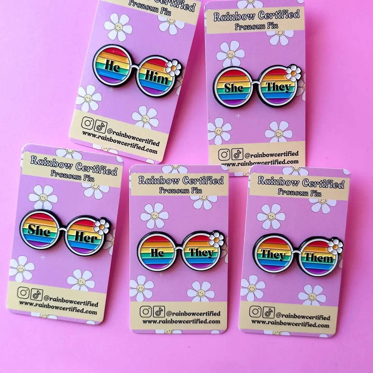 70's Rainbow Glasses Pronoun Pin - He/Him - Ziya Blue