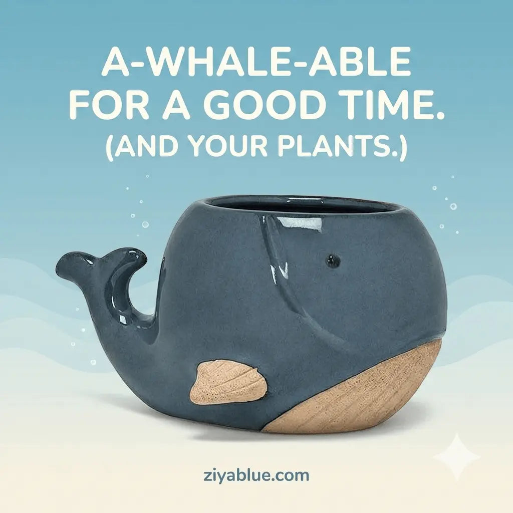 Blue Whale Ceramic Planter - Glossy Mini Ocean Pot - Ziya Blue