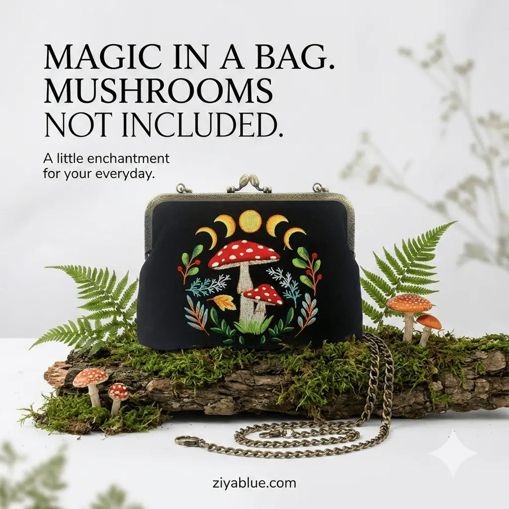 Celestial Mushroom Kiss Lock Bag | Embroidered Cottagecore Purse COMECO INC