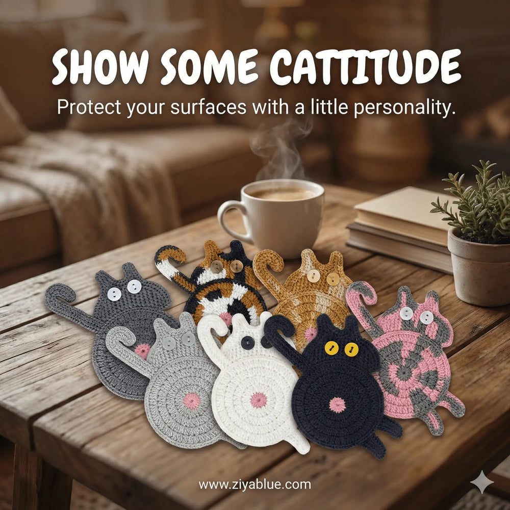 Crochet Cat Butt Coaster | Funny Cat Lover Gift | Hand-Knit Decor - Ziya Blue