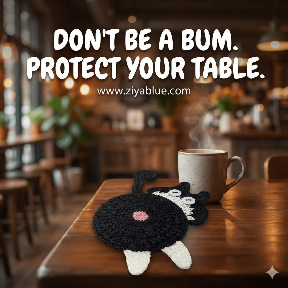 Crochet Cat Butt Coaster | Funny Cat Lover Gift | Hand-Knit Decor - Ziya Blue