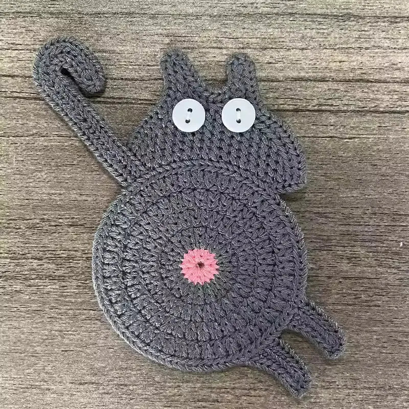 Crochet Cat Butt Coaster | Funny Cat Lover Gift | Hand-Knit Decor Ziya Blue