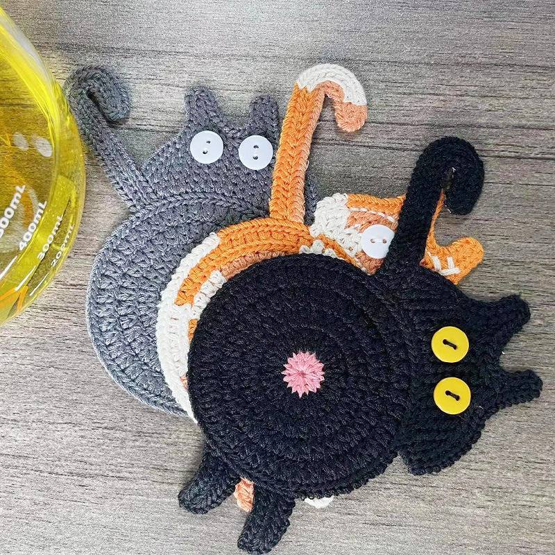 Crochet Cat Butt Coaster | Funny Cat Lover Gift | Hand-Knit Decor - Ziya Blue