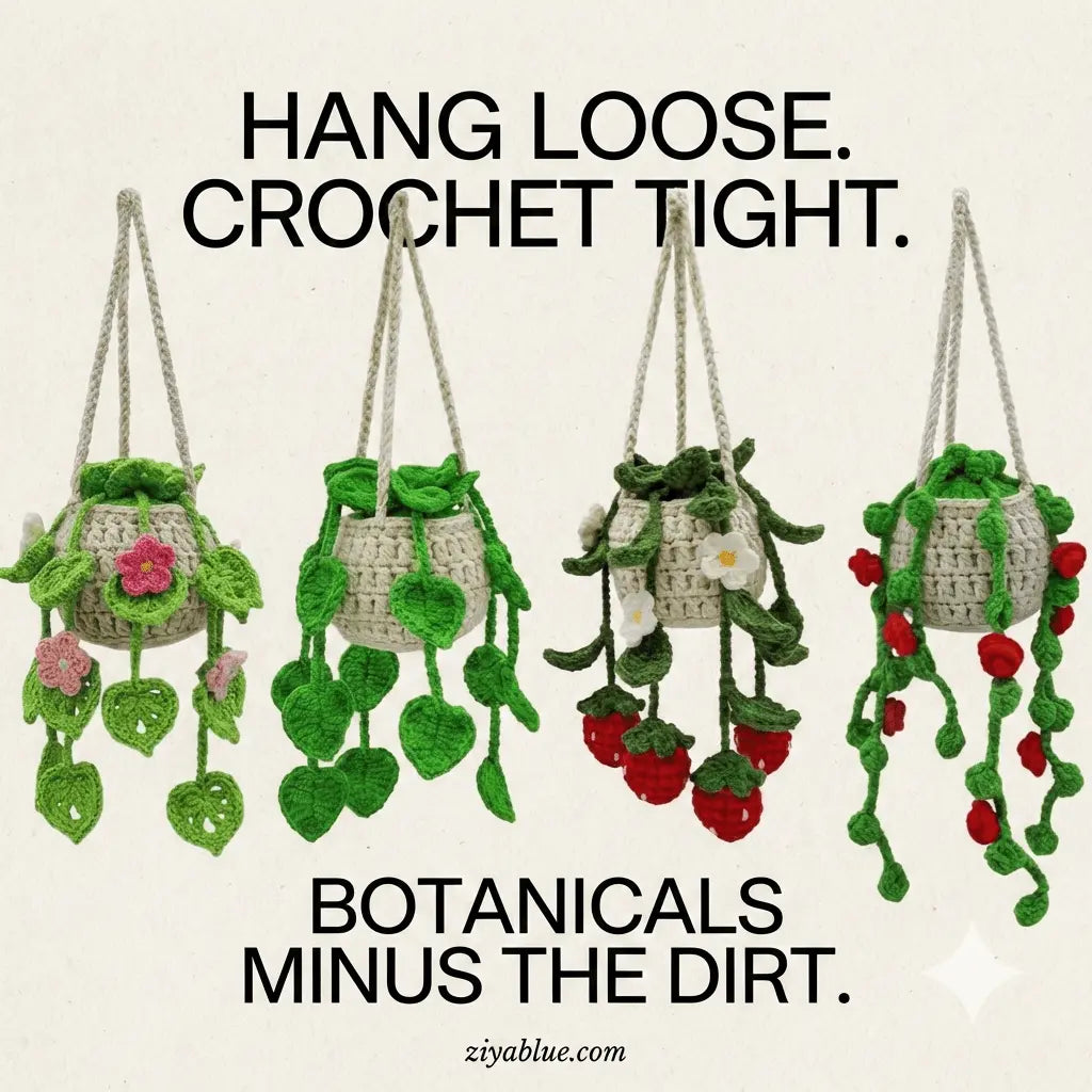 Crochet Hanging Car Plant | Rear View Mirror Charm Ziya Blue