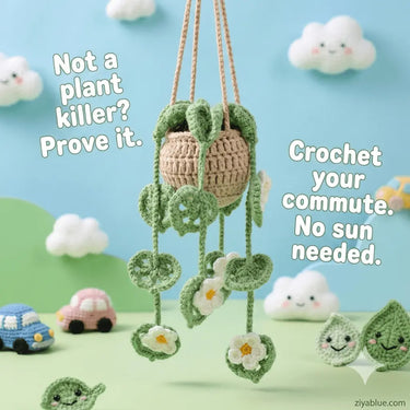 Crochet Hanging Car Plant | Rear View Mirror Charm Ziya Blue