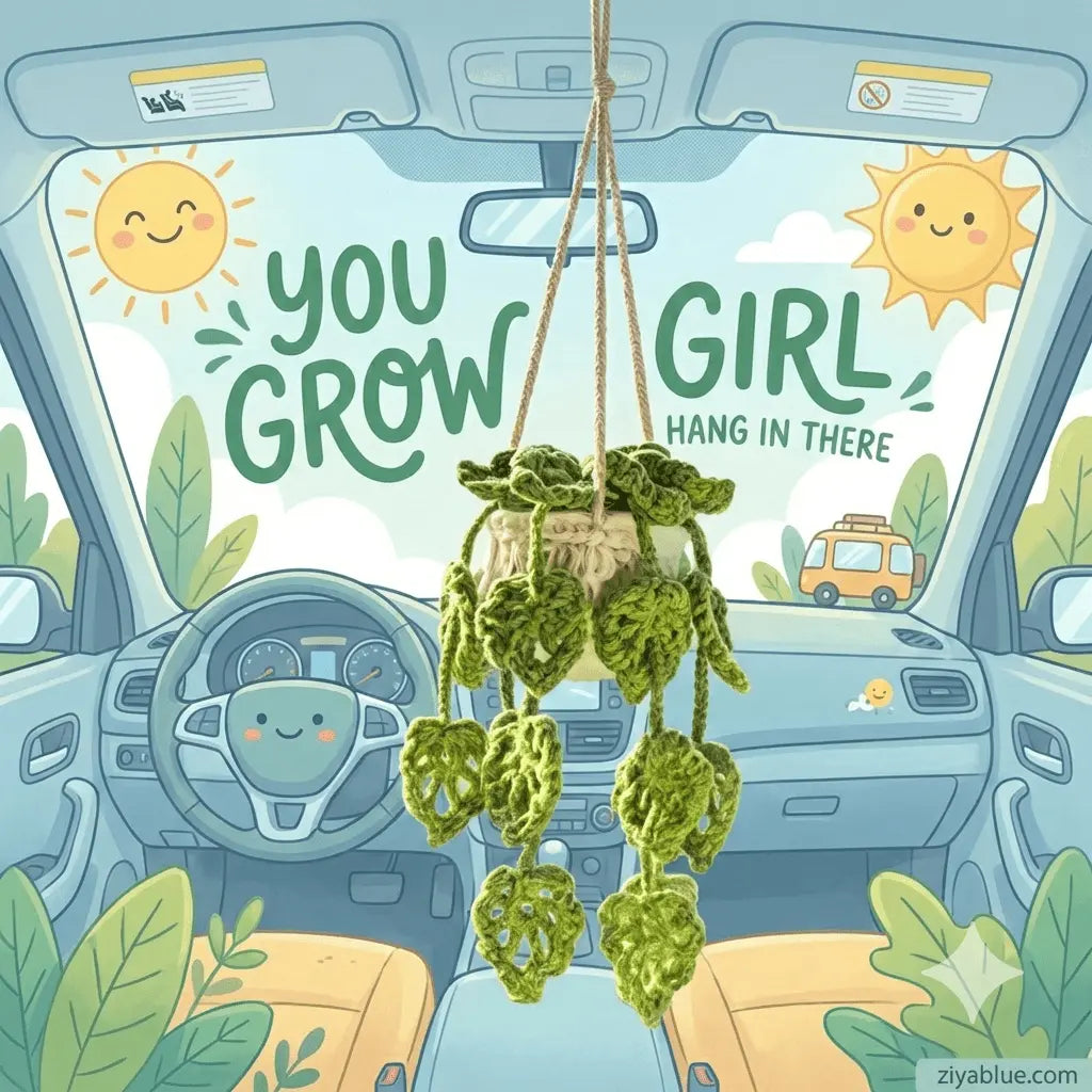 Crochet Hanging Car Plant | Rear View Mirror Charm Ziya Blue