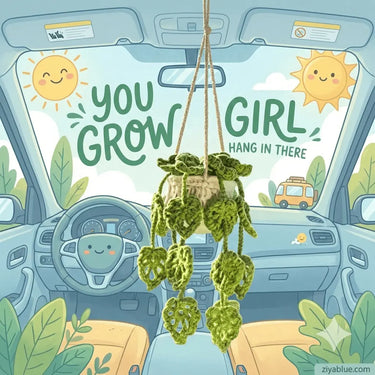 Crochet Hanging Car Plant | Rear View Mirror Charm Ziya Blue