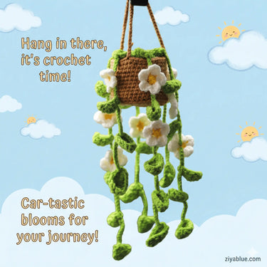 Crochet Hanging Car Plant | Rear View Mirror Charm Ziya Blue