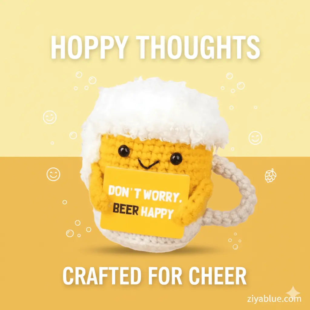 Don't Worry Beer Happy Crochet Beer Mug - Funny Gag Gift Plush Ziya Blue