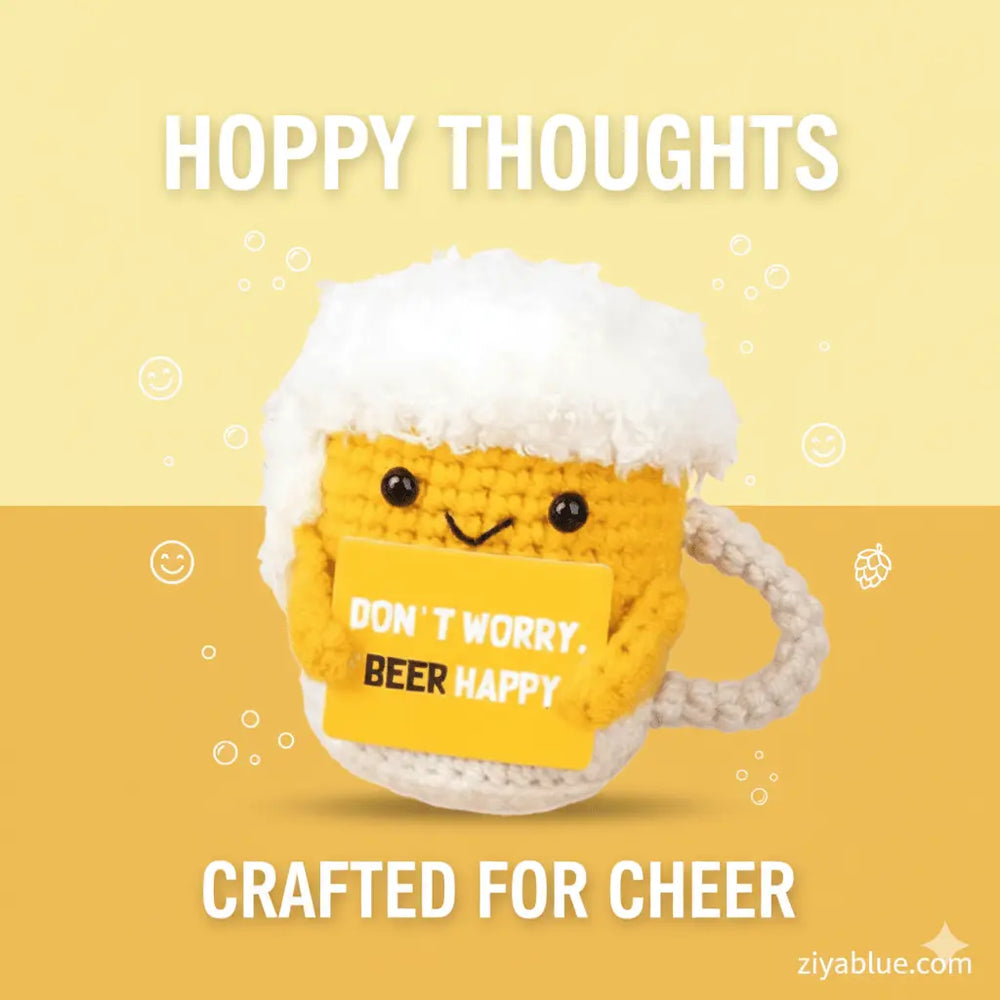 Don't Worry Beer Happy Crochet Beer Mug - Funny Gag Gift Plush - Ziya Blue