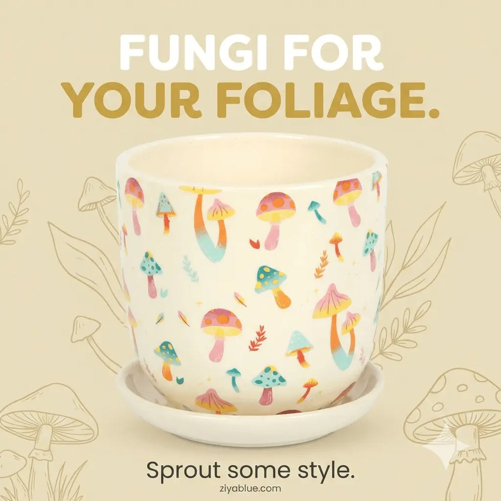 Funky Fungi Mushroom Print Plant Pot with Saucer - Ziya Blue