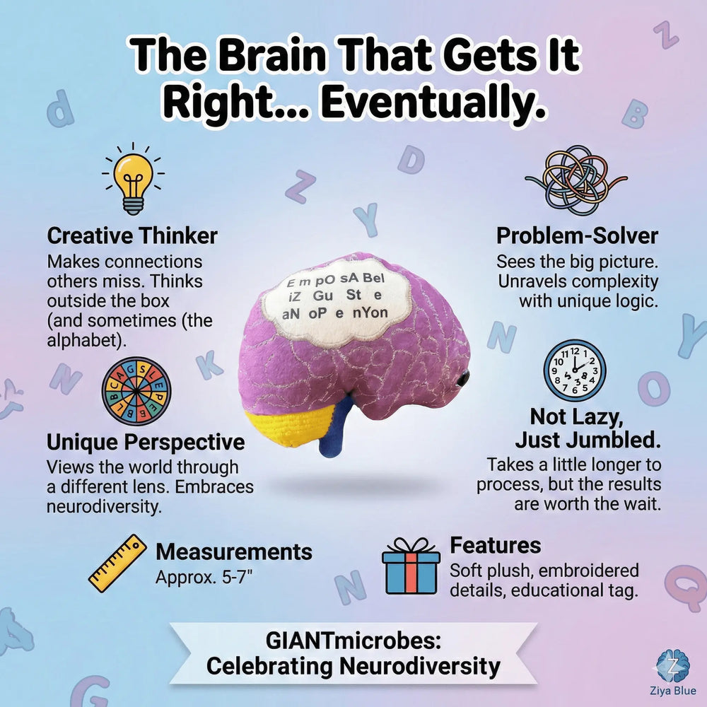 GIANTmicrobes Dyslexia Brain Plush | 5-7" Neurodiversity Awareness Toy - Ziya Blue