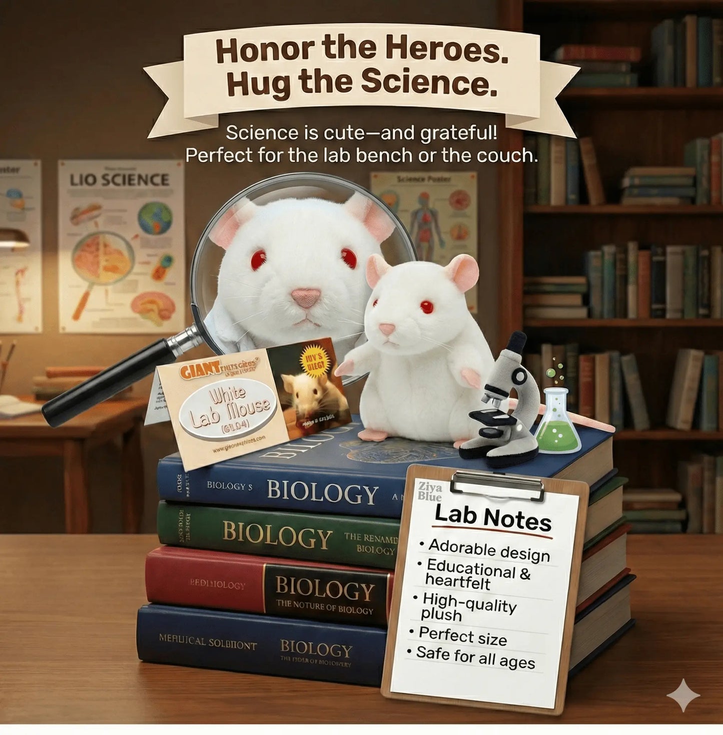 GIANTmicrobes White Lab Mouse Plush – Science Toy (The Real Hero) - Ziya Blue