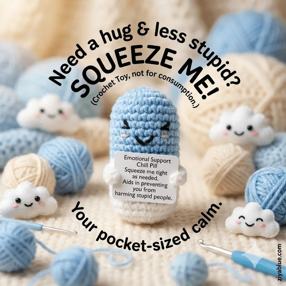 Handmade Crochet "Chill Pill" Desk Toy | Funny Stress Relief Gift - Ziya Blue