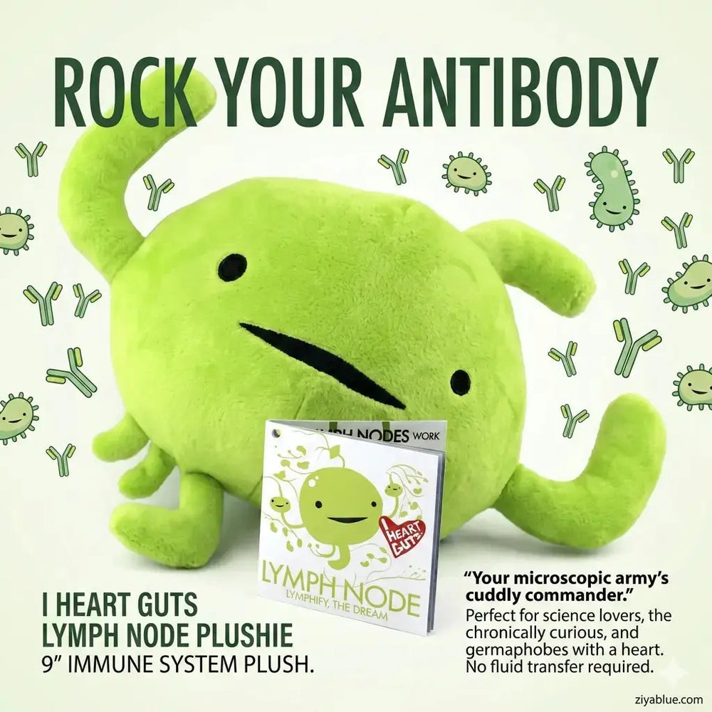 I Heart Guts Lymph Node Plushie | "Rock Your Antibody" – 9" Immune System Plush - Ziya Blue