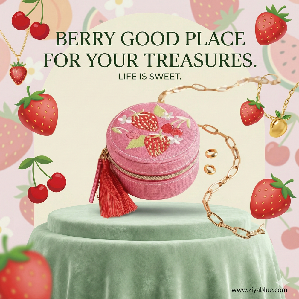 Embroidered Strawberry Round Travel Jewellery Case