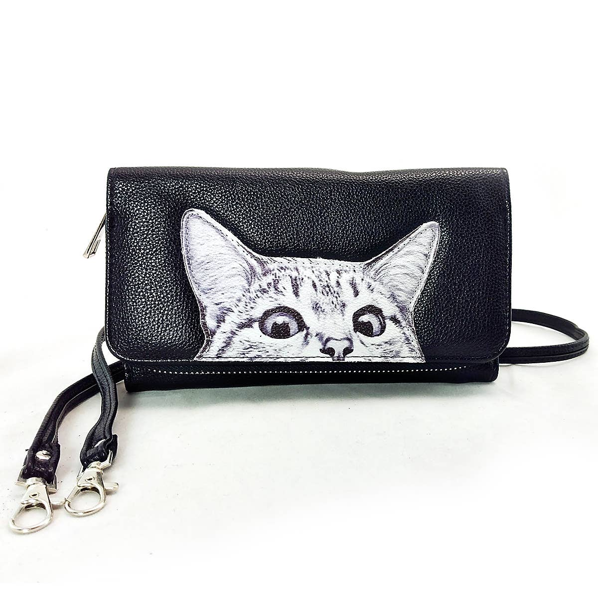 Peeking Cats Wallet – Canvas Crossbody Clutch (Here Kitty, Kitty) - Ziya Blue