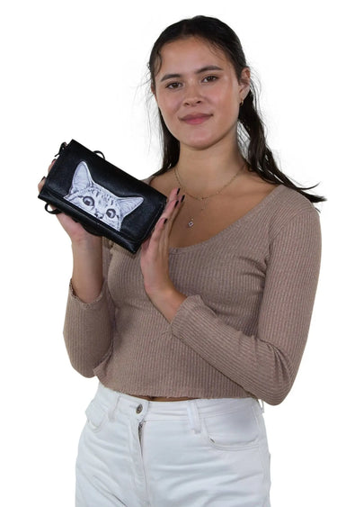 Peeking Cats Wallet – Canvas Crossbody Clutch (Here Kitty, Kitty) - Ziya Blue
