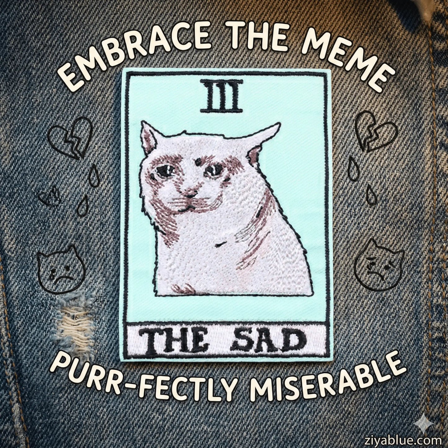 Sad Cat Tarot Card Iron-On Patch (6.7x9.2cm) - Ziya Blue