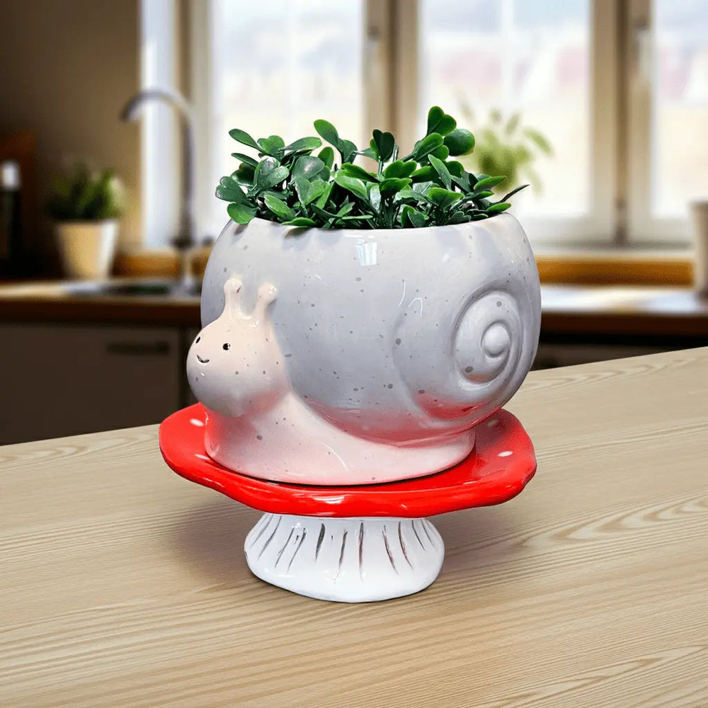 Snail & Mushroom Footsie Planter – Ceramic Pot with Drainage (Slow Growth) - Ziya Blue