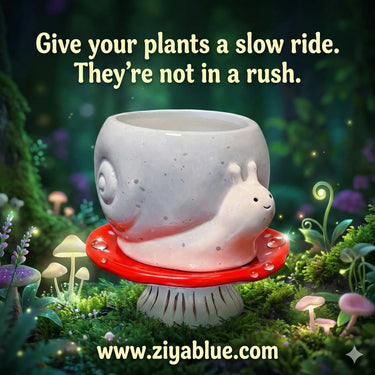 Snail & Mushroom Footsie Planter – Ceramic Pot with Drainage (Slow Growth) - Ziya Blue