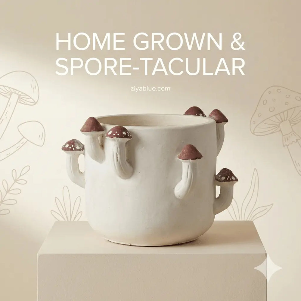 Sprouting Mushroom Planter — Small Cement Mushroom Pot (4" H) - Ziya Blue