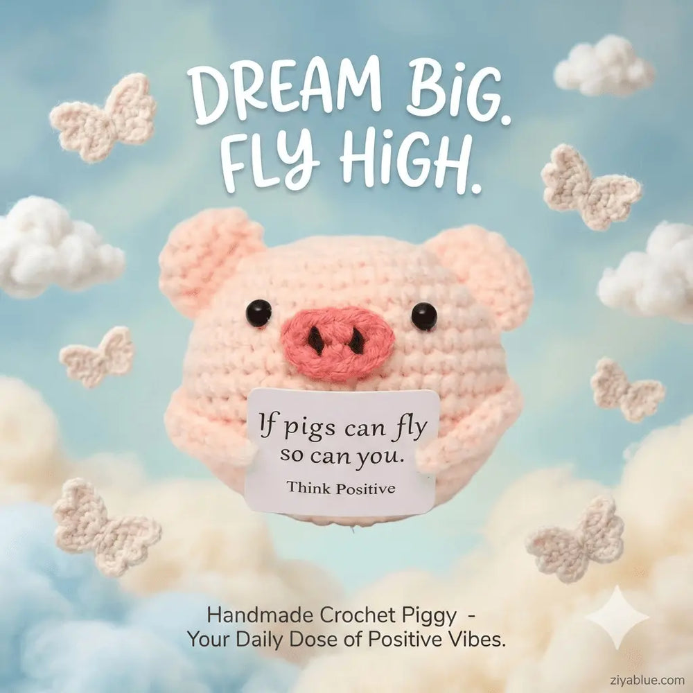 Think Positive Pig – Crochet Companion – Cheerful Decor Ziya Blue