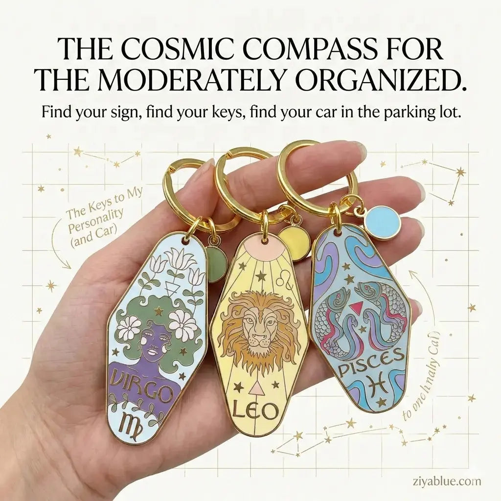 Zodiac Motel Keychain | Retro Enamel Constellation Keyring | Astrology Gift - Ziya Blue