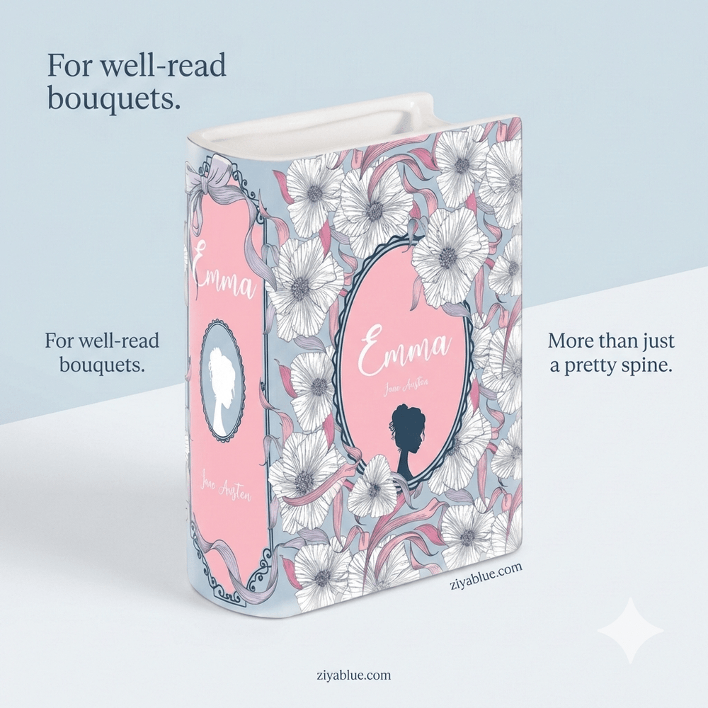 A Match Made in Decor: Jane Austen's Emma Small Ceramic Book Vase - Ziya Blue