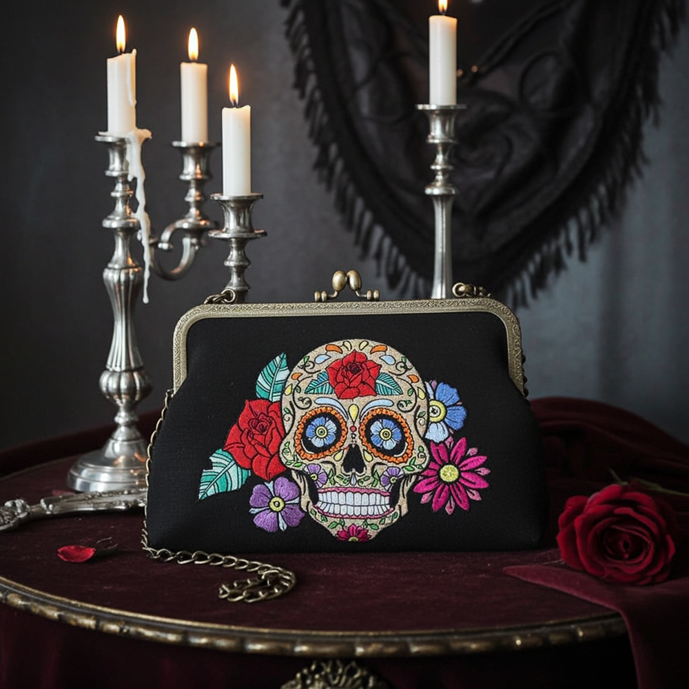Floral Sugar Skull Kisslock Bag
