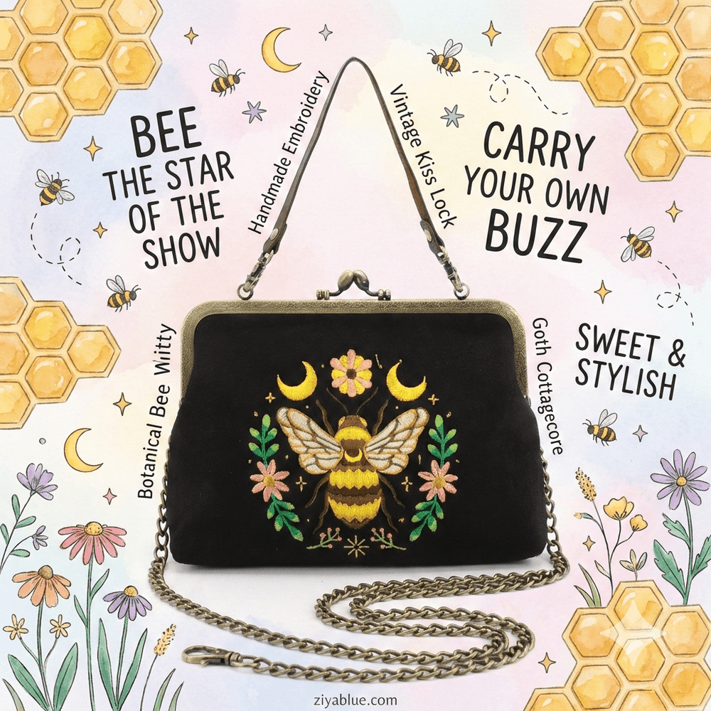Bee & Moons Kisslock Bag – The "Queen of the Meadow" Celestial Crossbody - Ziya Blue