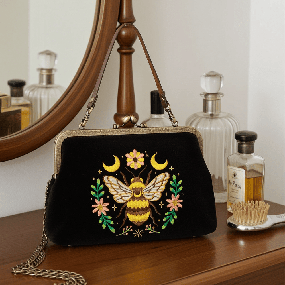 Bee With Moons Kisslock Bag - Ziya Blue