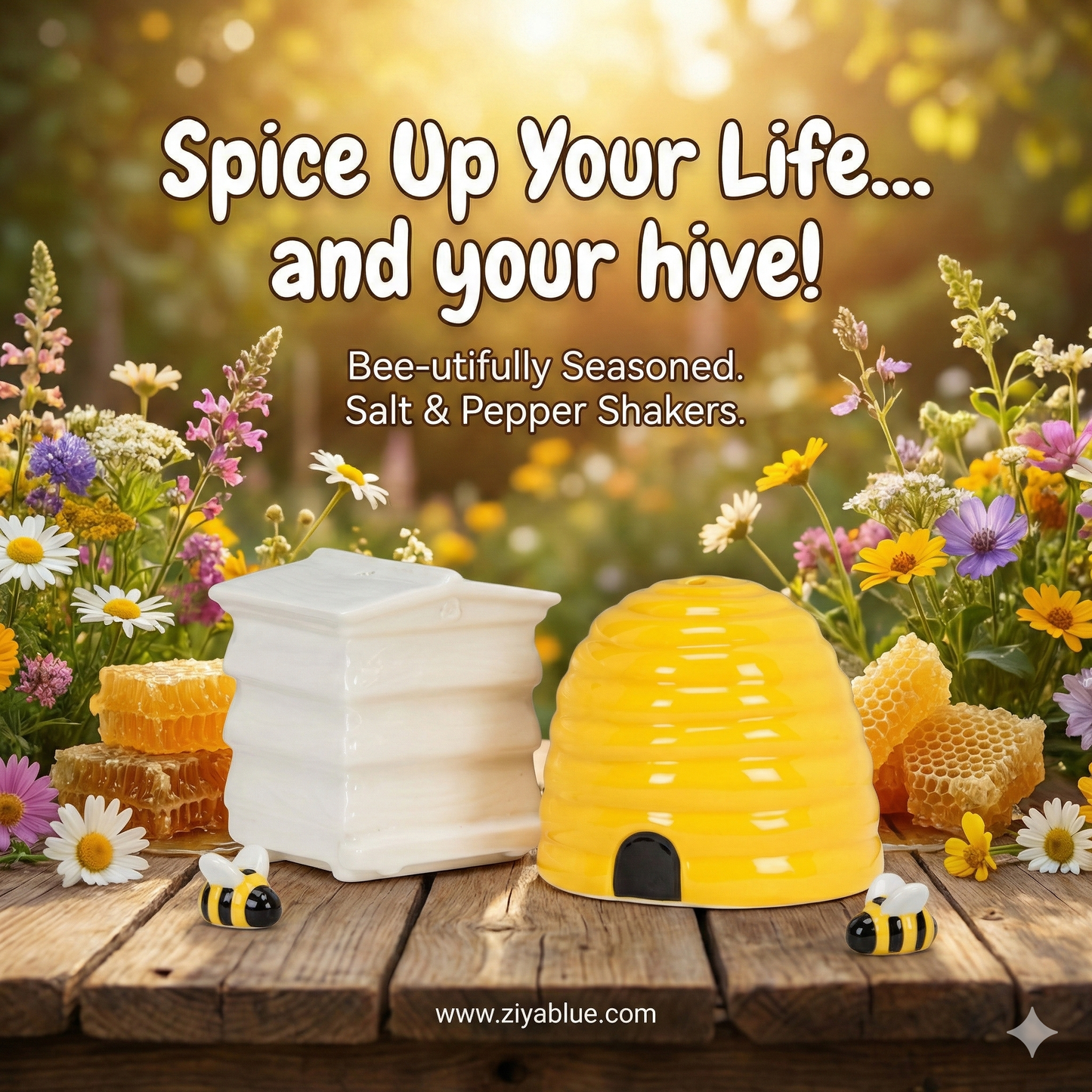 Beehive Salt & Pepper Shakers — Ceramic Hive Set (2") - Ziya Blue