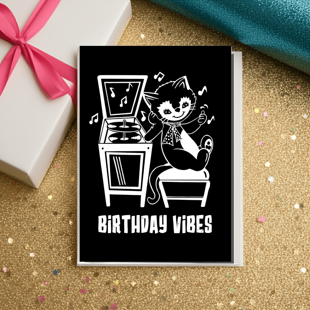 Birthday Vibes Cool Cat Vinyl Inspired Greetings Card - Ziya Blue