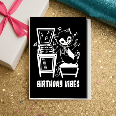 Birthday Vibes Cool Cat Vinyl Inspired Greetings Card - Ziya Blue