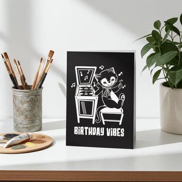 Birthday Vibes Cool Cat Vinyl Inspired Greetings Card - Ziya Blue