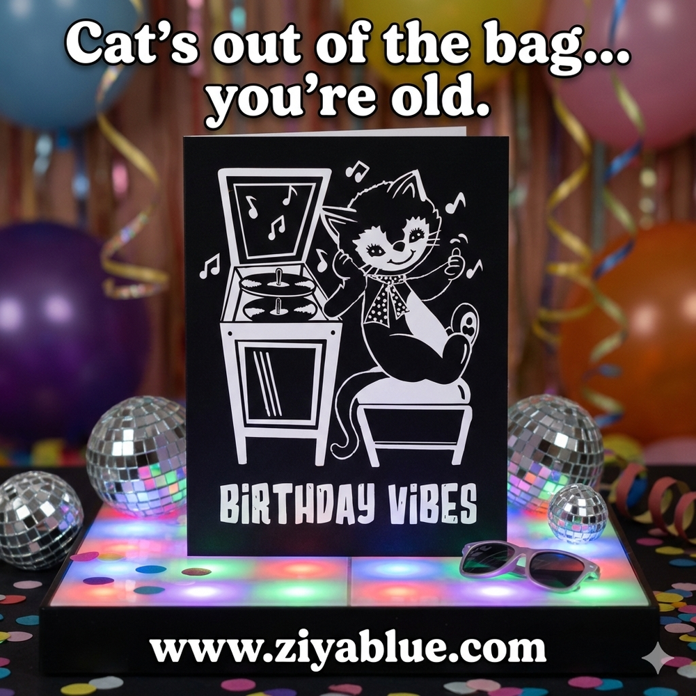 Birthday Vibes Cool Cat Vinyl Inspired Greetings Card - Ziya Blue