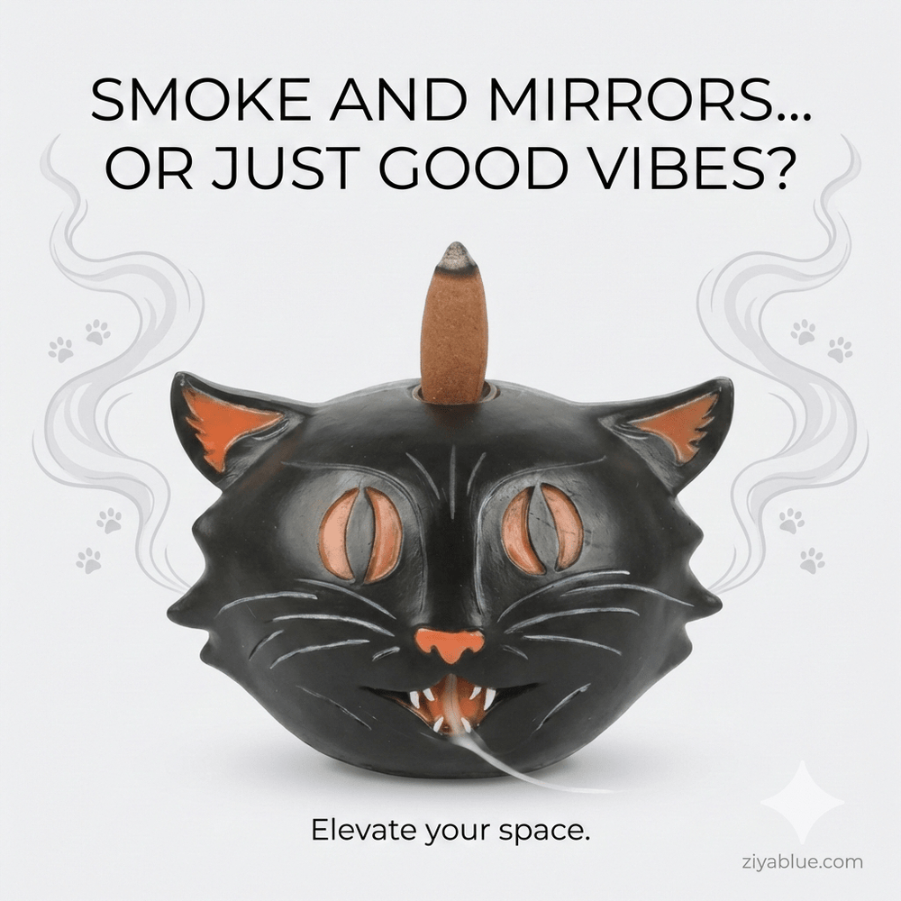 Black Cat Backflow Incense Burner - Ziya Blue