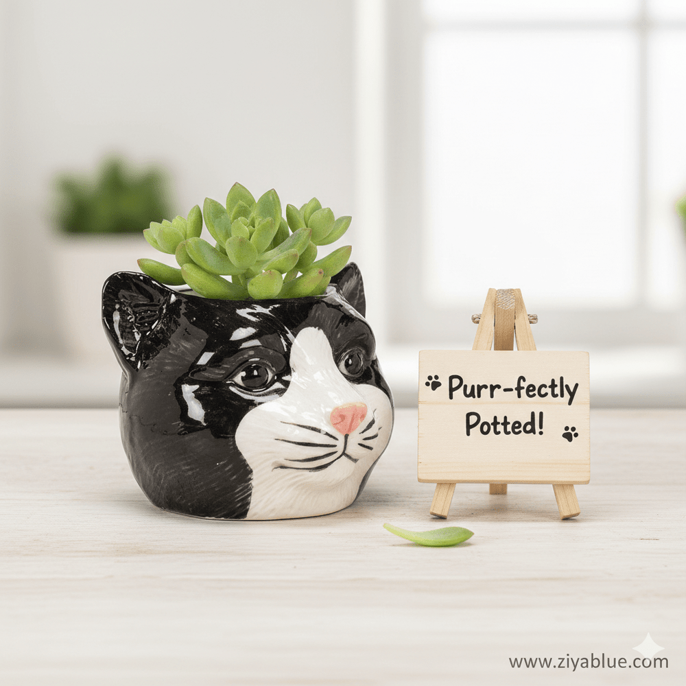 Black Cat Head Planter — Small Ceramic Cat Pot (3" W) - Ziya Blue