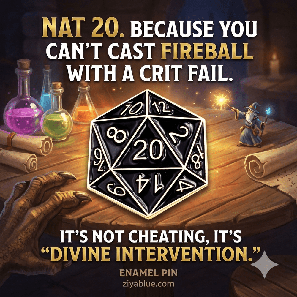 Black D20 Enamel Pin - Tabletop Gaming Accessory 🎲 - Ziya Blue