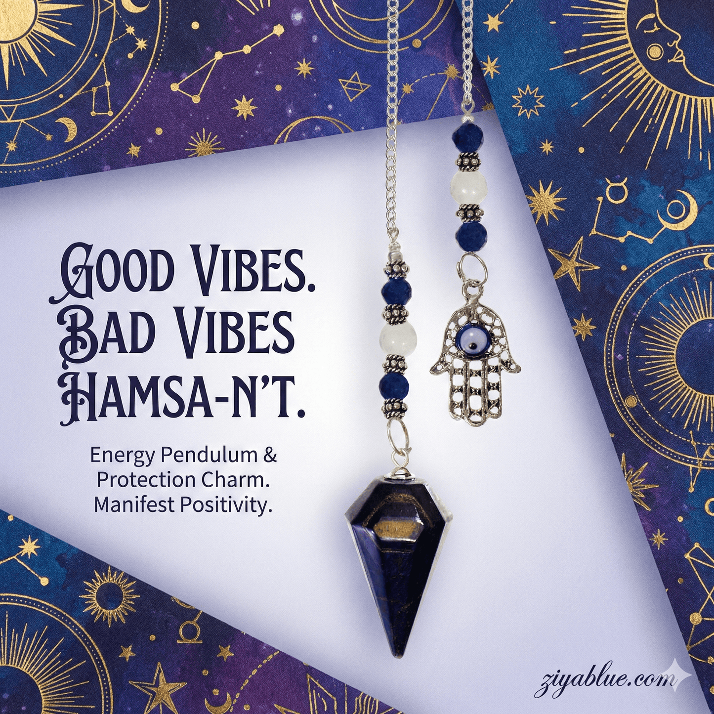 Blue Tiger Eye Pendulum – Hand of Fatima Protection Dowsing Tool - Ziya Blue