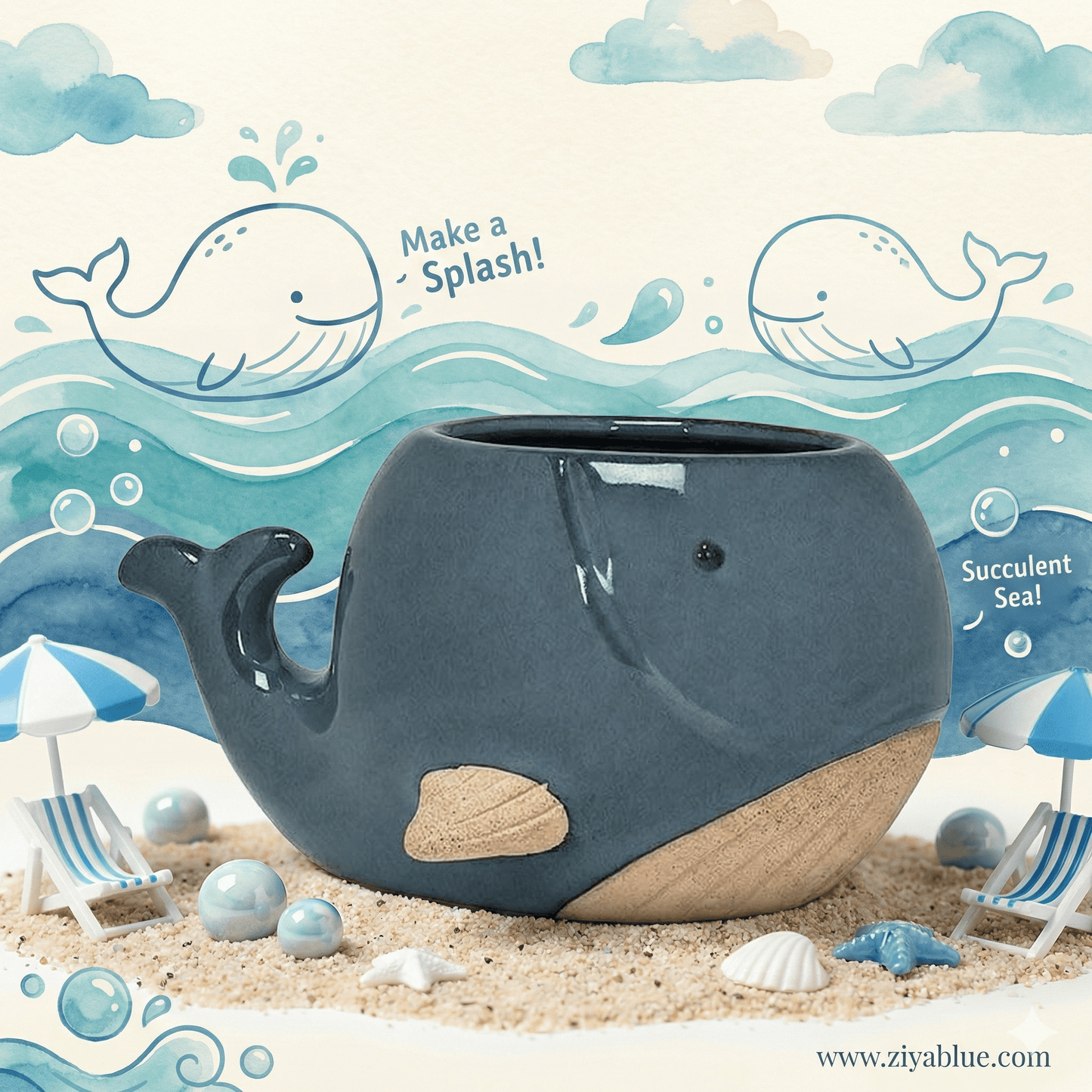 Blue Whale Ceramic Planter | 2” or 3” Glossy Ocean Succulent Pot - Ziya Blue
