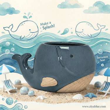 Blue Whale Ceramic Planter | 2” or 3” Glossy Ocean Succulent Pot - Ziya Blue
