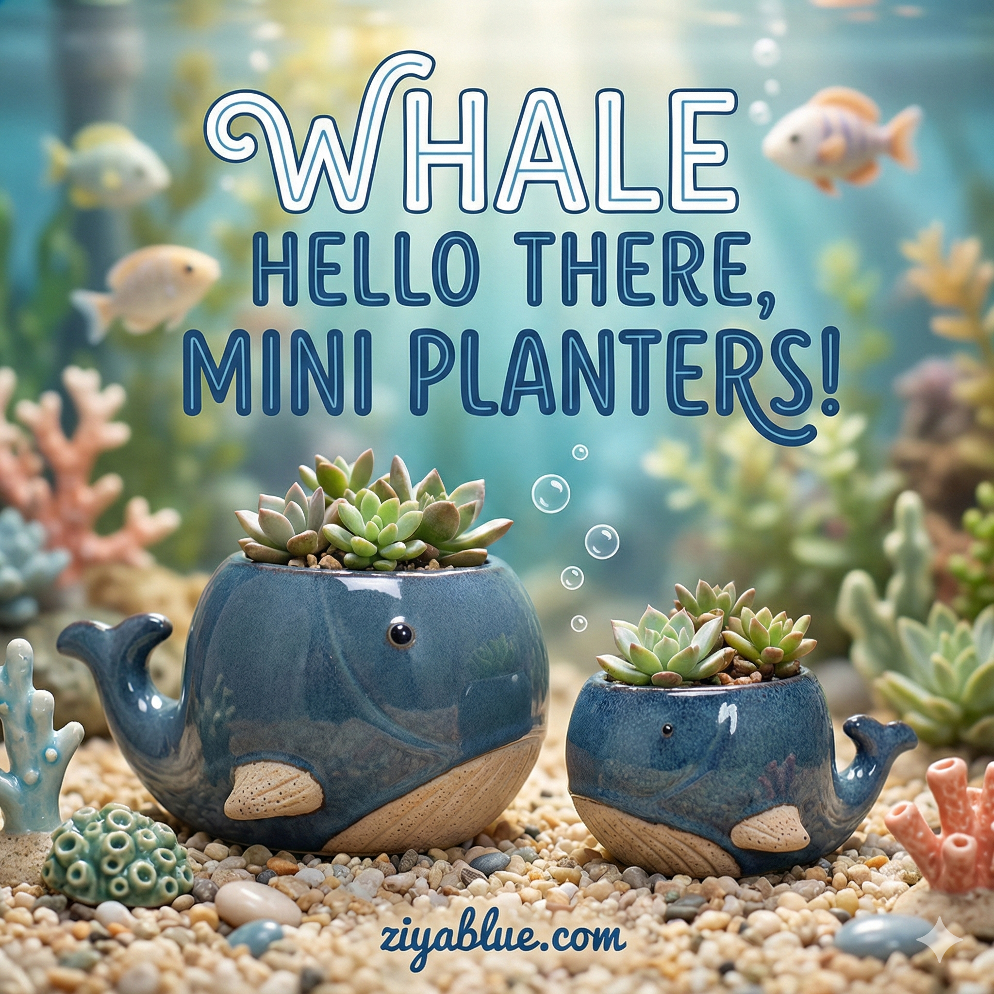 Blue Whale Ceramic Planter | 2” or 3” Glossy Ocean Succulent Pot - Ziya Blue