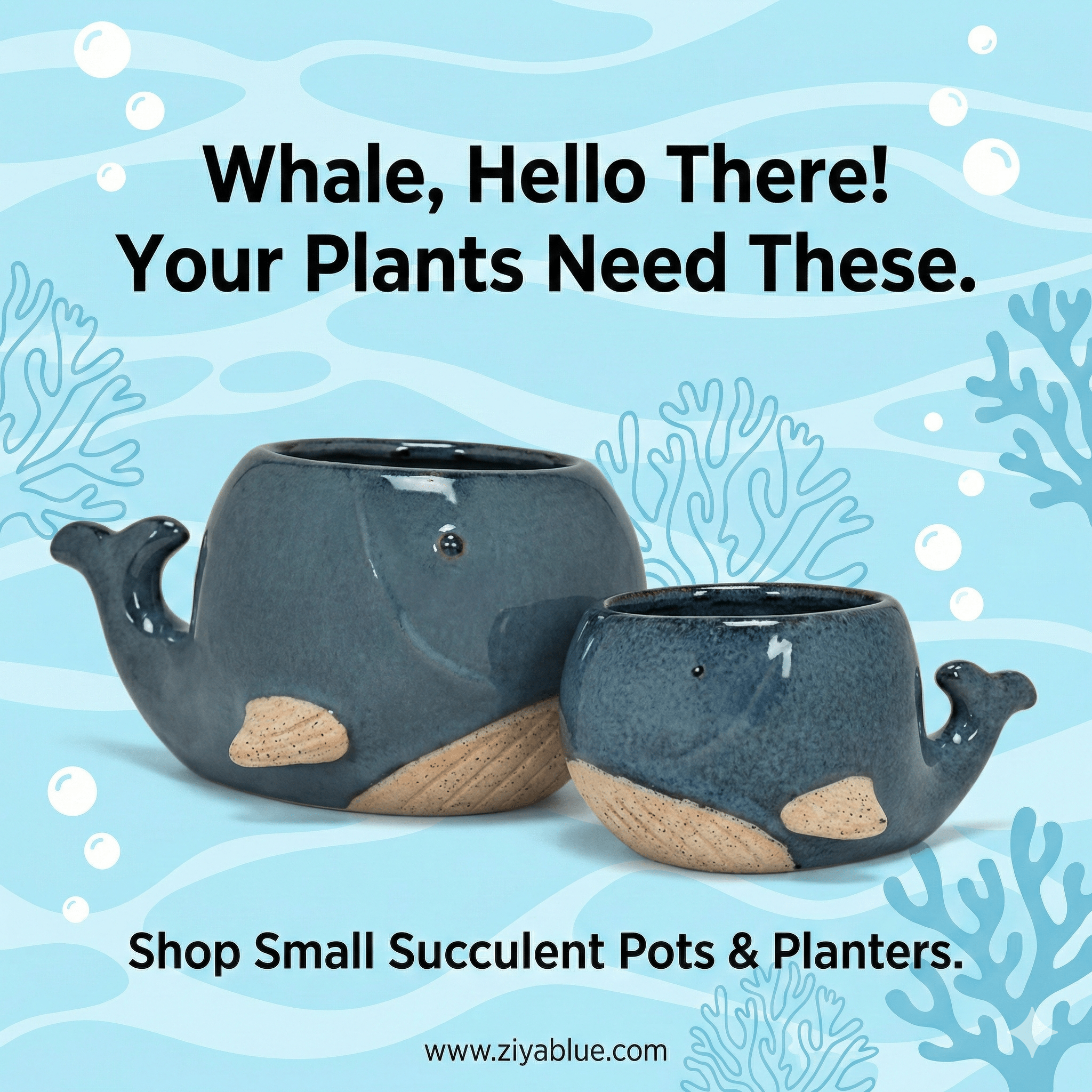 Blue Whale Ceramic Planter | 2” or 3” Glossy Ocean Succulent Pot - Ziya Blue