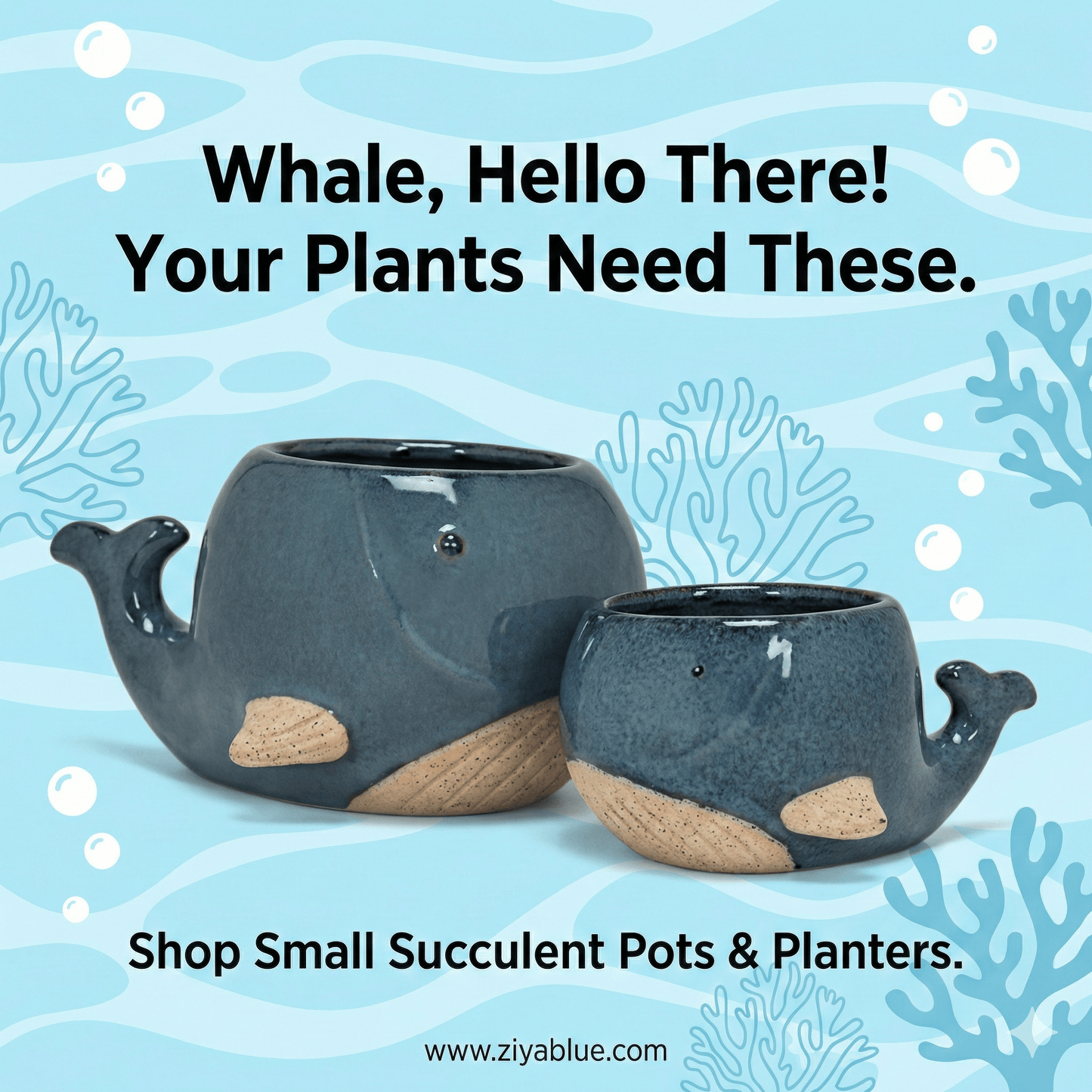 Blue Whale Ceramic Planter | 2” or 3” Glossy Ocean Succulent Pot - Ziya Blue